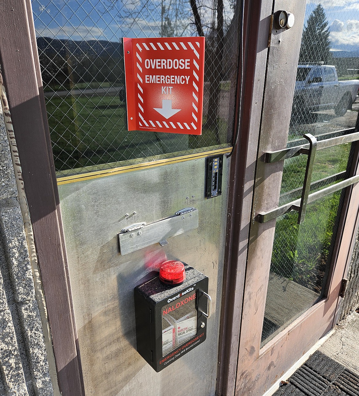 Fentanyl overdose kit next to the front door of the St. Ignatius Police Department is one of 10 made available across the Flathead Reservation by Tribal Health. (Courtesy photo)