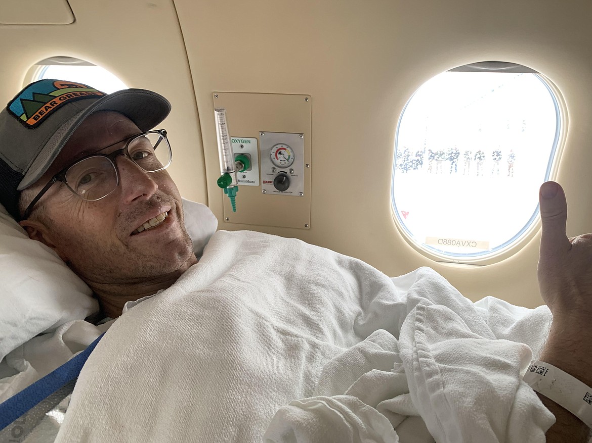 Montana Highway Patrol Trooper Lewis Johnson on his flight to Craig Hospital in Denver, Colorado for specialty neurological care. He was flown to the hospital using A.L.E.R.T. air ambulance's fixed wing plane. (photo provided)