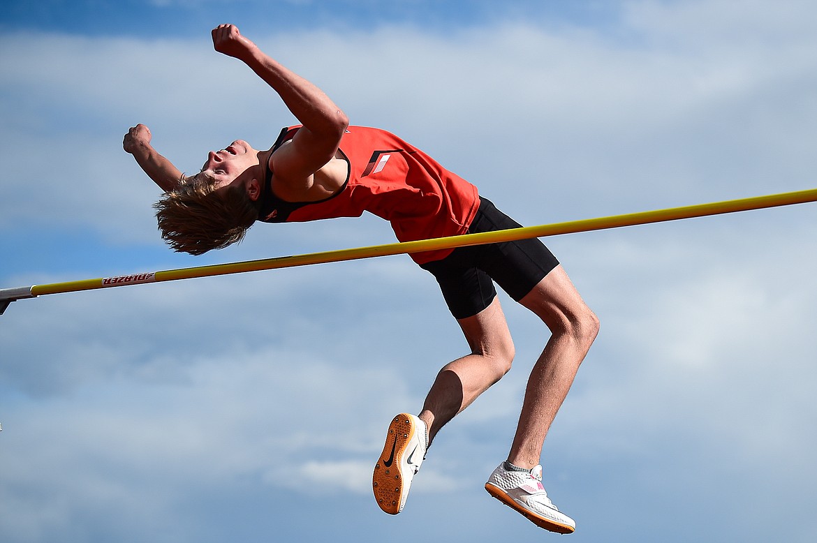 Flathead's William Hollenstein clears the bar at six feet in the high jump at Legends Stadium on Tuesday, April 16. (Casey Kreider/Daily Inter Lake)