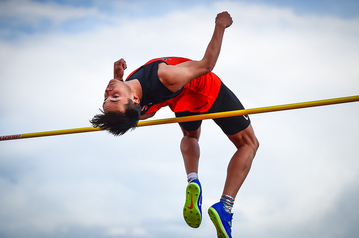 Flathead's Jacob Dolezal clears the bar with a jump of 6'2" in the high jump at Legends Stadium on Tuesday, April 16. (Casey Kreider/Daily Inter Lake)