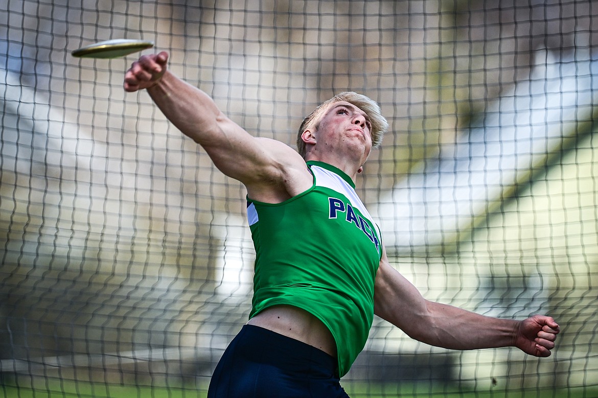 Glacier's Aiden Krause releases a throw in the boys discus at Legends Stadium on Tuesday, April 16. (Casey Kreider/Daily Inter Lake)