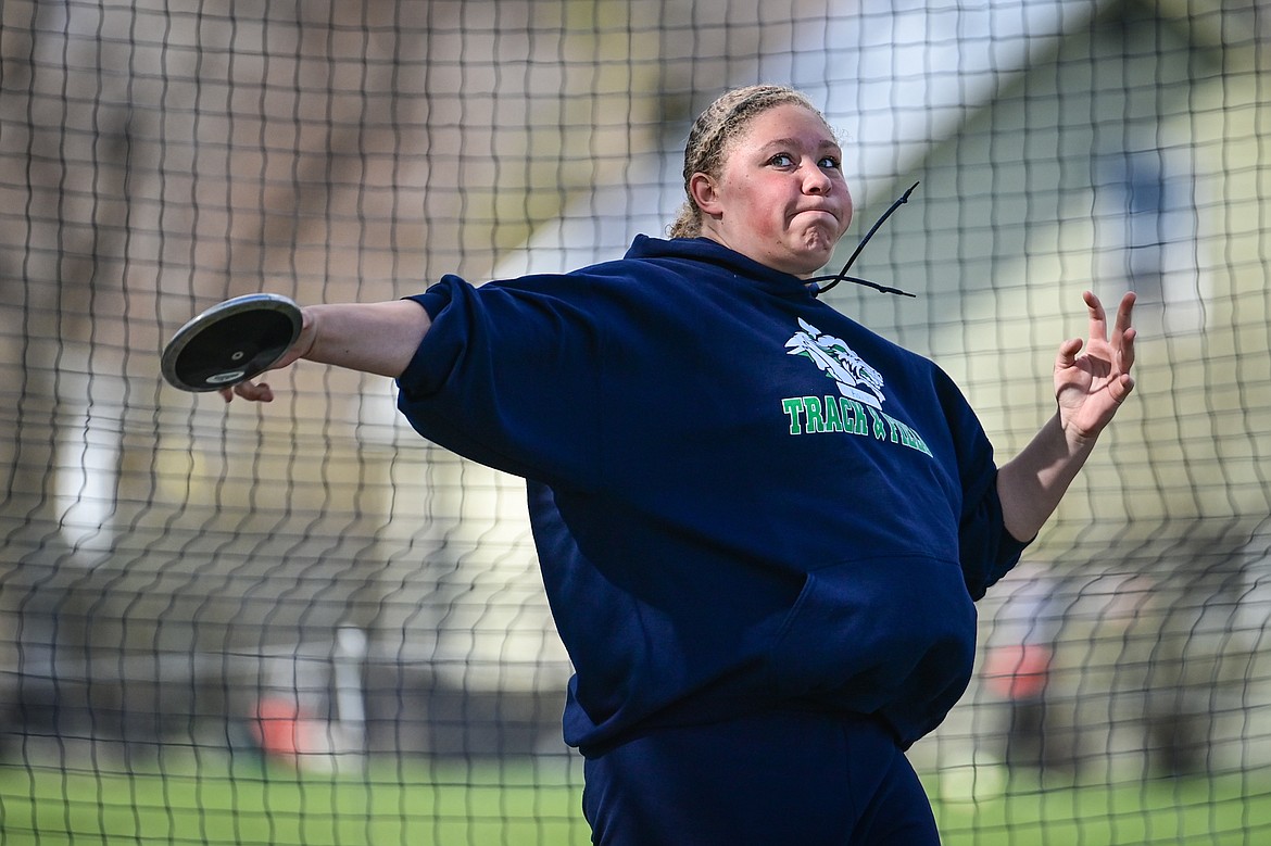 Glacier's Kai Johnson releases a throw in the girls discus at Legends Stadium on Tuesday, April 16. (Casey Kreider/Daily Inter Lake)