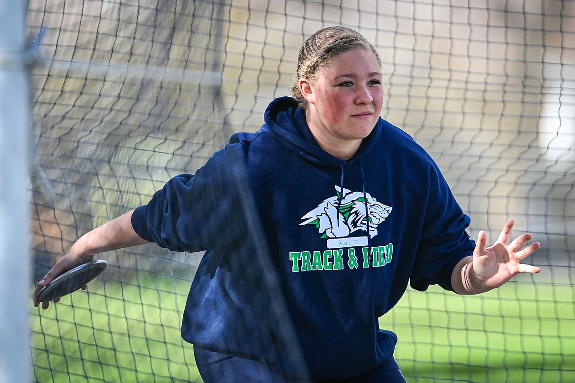 Glacier's Kai Johnson readies a throw in the girls discus at Legends Stadium on Tuesday, April 16. (Casey Kreider/Daily Inter Lake)