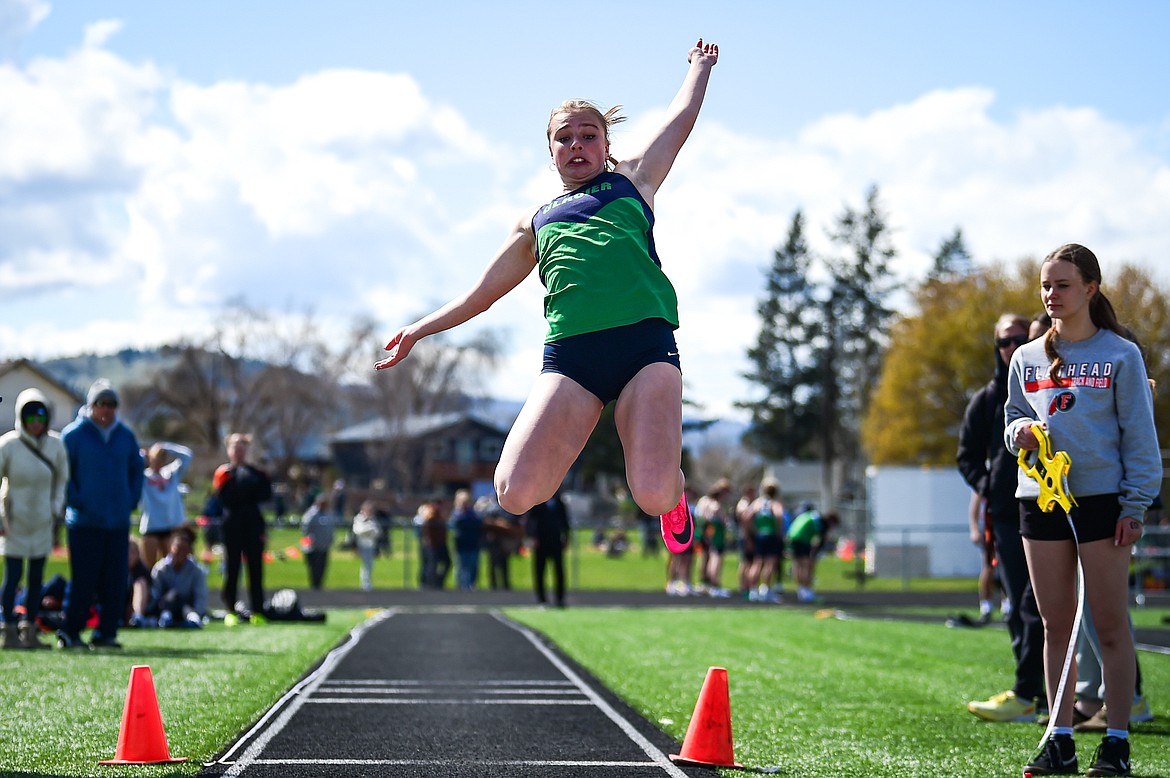 Glacier's Emmery Schmidt competes in the girls long jump at Legends Stadium on Tuesday, April 16. (Casey Kreider/Daily Inter Lake)