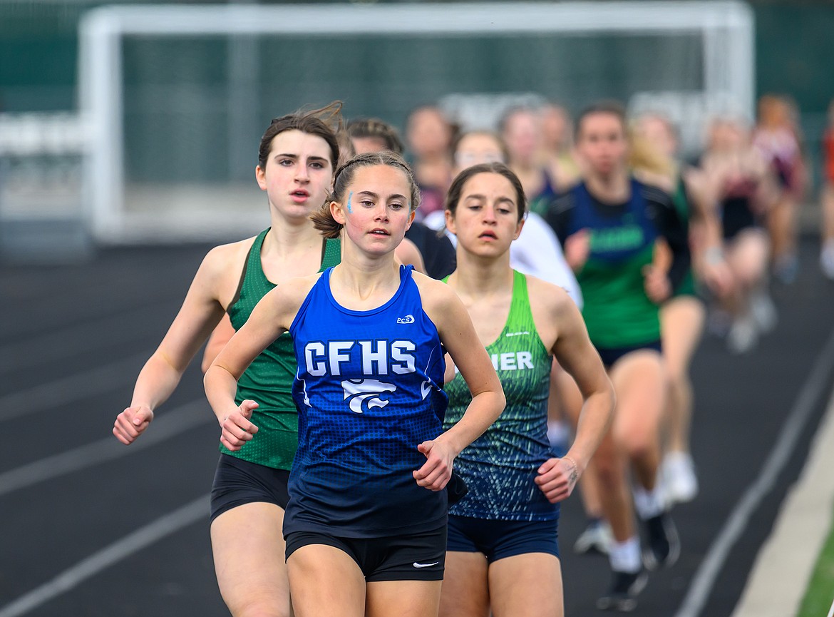Mila Johns runs the 800 at the Kalispell Time Trials last week. (Chris Peterson photo)