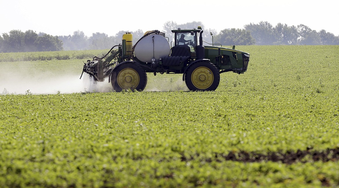 A soybean field is sprayed in Iowa, July 11, 2013. The maker of a popular weedkiller is turning to lawmakers in key states to try to squelch legal claims that it failed to warn about cancer risks. (AP Photo/Charlie Neibergall, File)