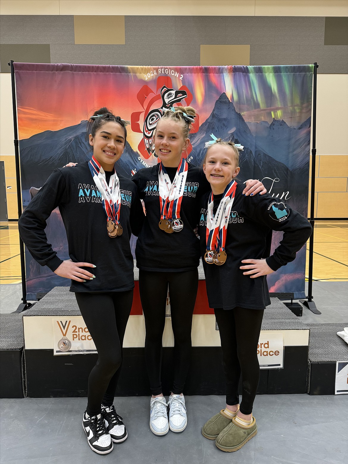 Courtesy photo
Avant Coeur Gymnastics Level 9s competed in Anchorage. Alaska. at the Region 2 regional championships. All three girls qualified on to Western Nationals in Iowa in May, where they will compete against the top Level 9s in the Western part of the United States. From left are Kenzie Short, Avery Hammons and Piper St John.