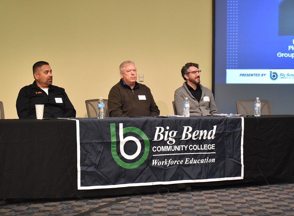 From Left: Sila Nanotechnologies Plant Manager Rosendo Alvarado, Group14 Plant Manager Don Kersey and Group14 Senior Recruiter Stan Pichinevskiy field questions during a panel discussion at the Building the Future Energy Workforce Conference Thursday at Big Bend Community College.