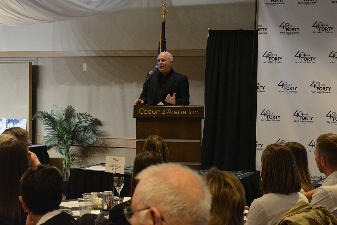 Coeur d'Alene Press publisher Clint Schroeder addresses the room during the presentation of the North Idaho Business Journal 40 Under 40 awards.