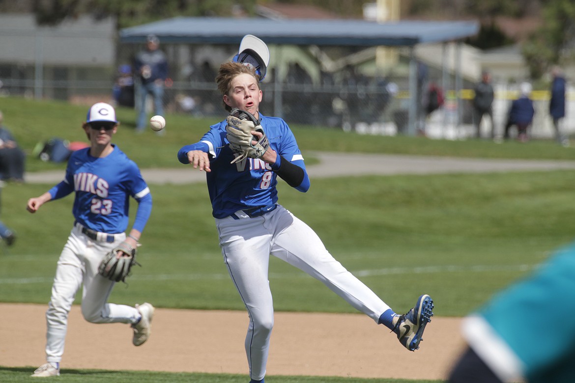 MARK NELKE/Press
Coeur d'Alene third baseman Bam Fenter throws to first during the first game of Tuesday's doubleheader with Lake City at Coeur d'Alene High.