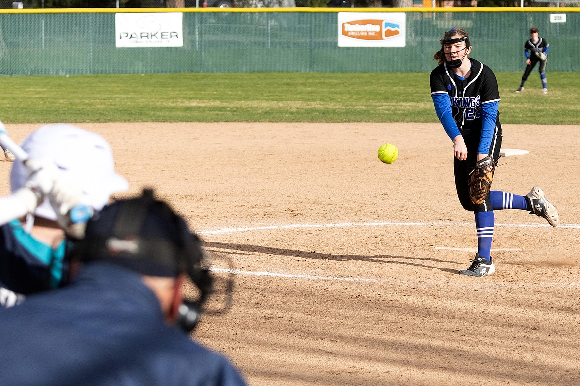 Courtesy photo
Coeur d'Alene High freshman Jenna Davenport delivers to Lake City's Madaline Peterson during the second game of a doubleheader Tuesday at Larry Schwenke field.