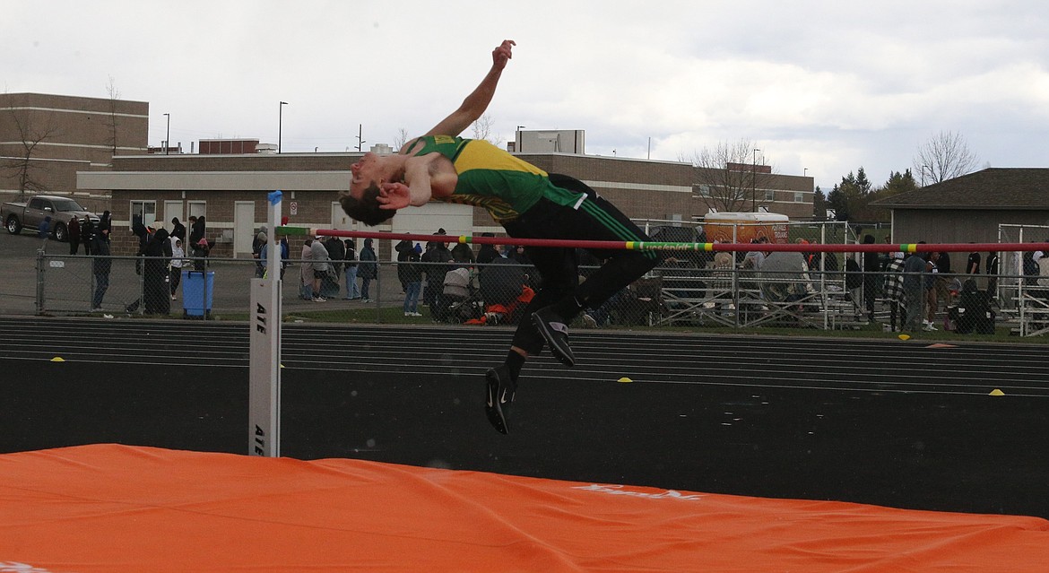 JASON ELLIOTT/Press
Lakeland senior Ben Roth clears a jump during the boys high jump at the Christina Finney Coed Relays at Post Falls High on Tuesday.