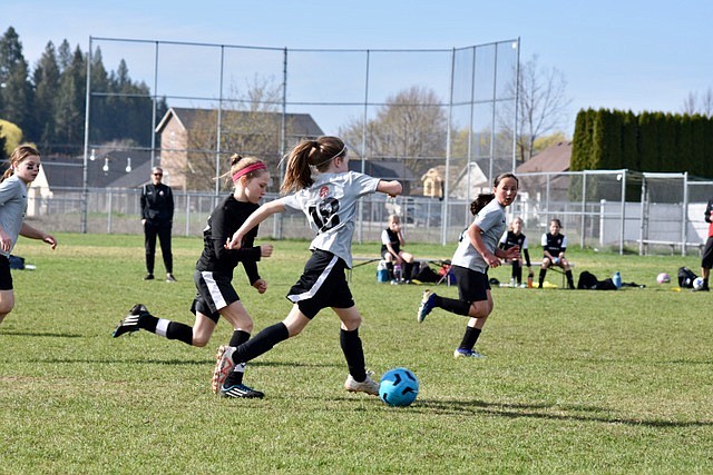 Courtesy photo
The Thorns 2014 girls black team opened its spring season with a draw against  Sandpoint (1-1) and a win against EW Surf 2-1, with goals by Poppy Moreau, Lyla Maestas and Finley Martin. Pictured are Elsie Hewitt-Nord, Harper Anderson (with ball) and Poppy Moreau of the Thorns.