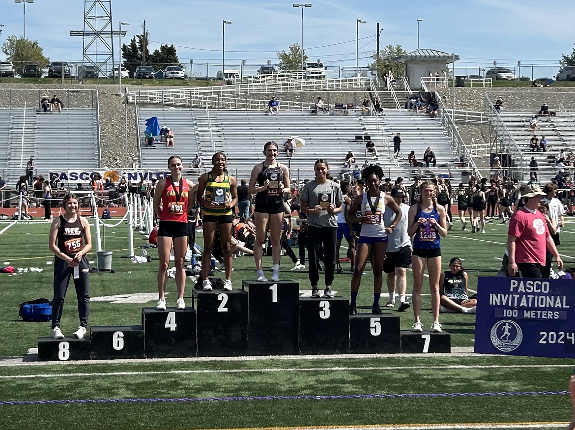 Moses Lake freshman Lindsey Davis, left on the podium, took eighth at Saturday’s Pasco Invite, a boys and girls track and field meet that brought in over 80 teams from Washington, Idaho and Oregon.