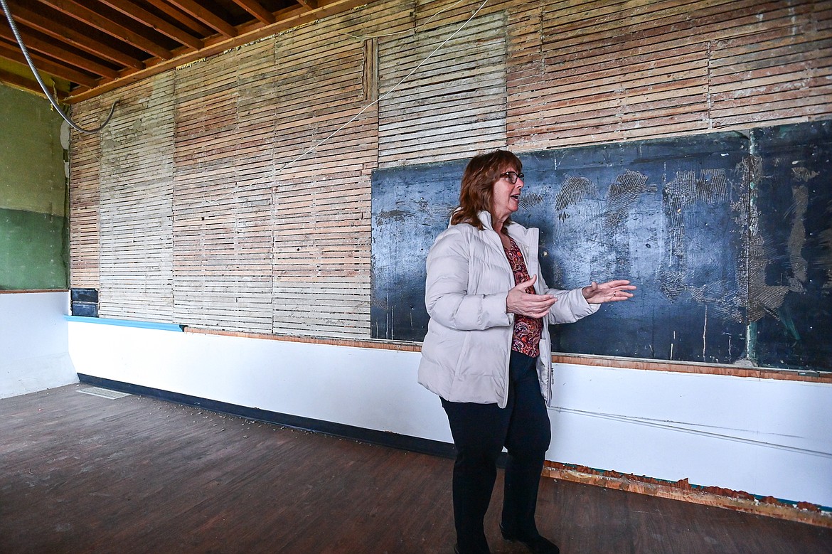 Smith Valley School superintendent and principal Dawn Matt speaks inside a former classroom in the 300 building on Wednesday, April 17. The building was closed in the spring of 2023 after mold and asbestos were discovered. (Casey Kreider/Daily Inter Lake)