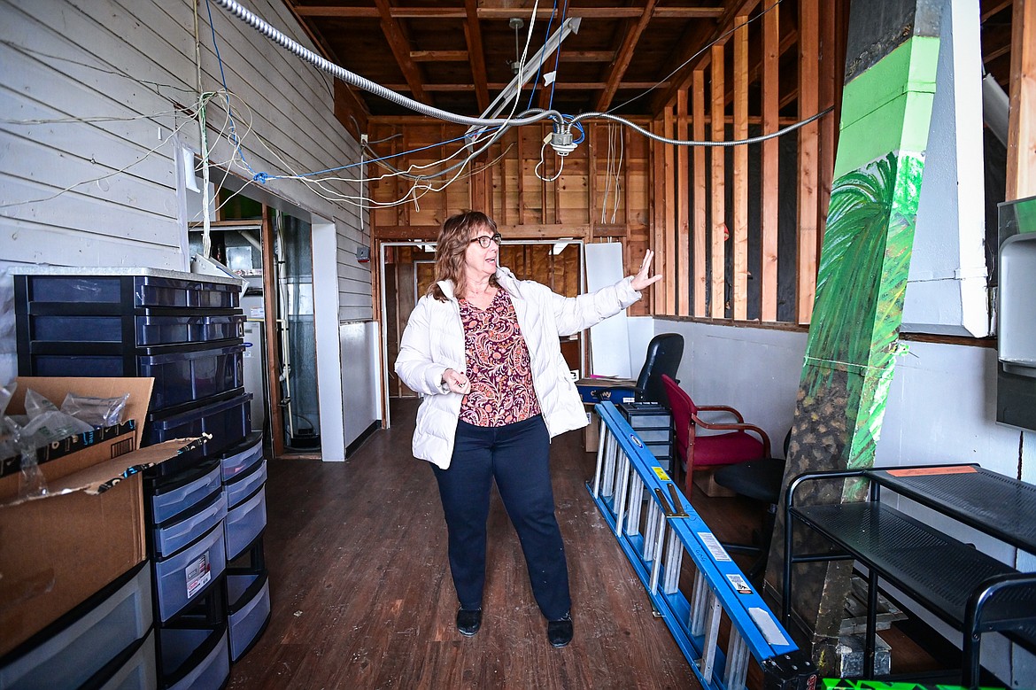 Smith Valley School superintendent and principal Dawn Matt stands in the entryway of what is referred to as the "300 building" on Wednesday, April 17. The building was closed in the spring of 2023 after mold and asbestos were discovered, displacing two kindergarten and two first-grade classes. The school is asking voters to approve a bond issue to rebuild it for middle school students. (Casey Kreider/Daily Inter Lake)