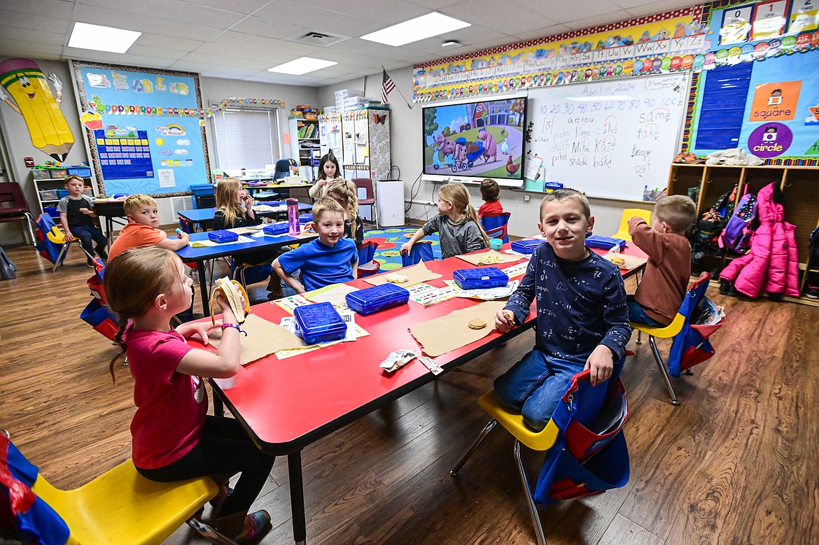 Kindergarten students in teacher Joanna Goetting's classroom at Smith Valley School on Wednesday, April 17. Kindergarten and first-graders were displaced by the shutdown of the "300 building." (Casey Kreider/Daily Inter Lake)