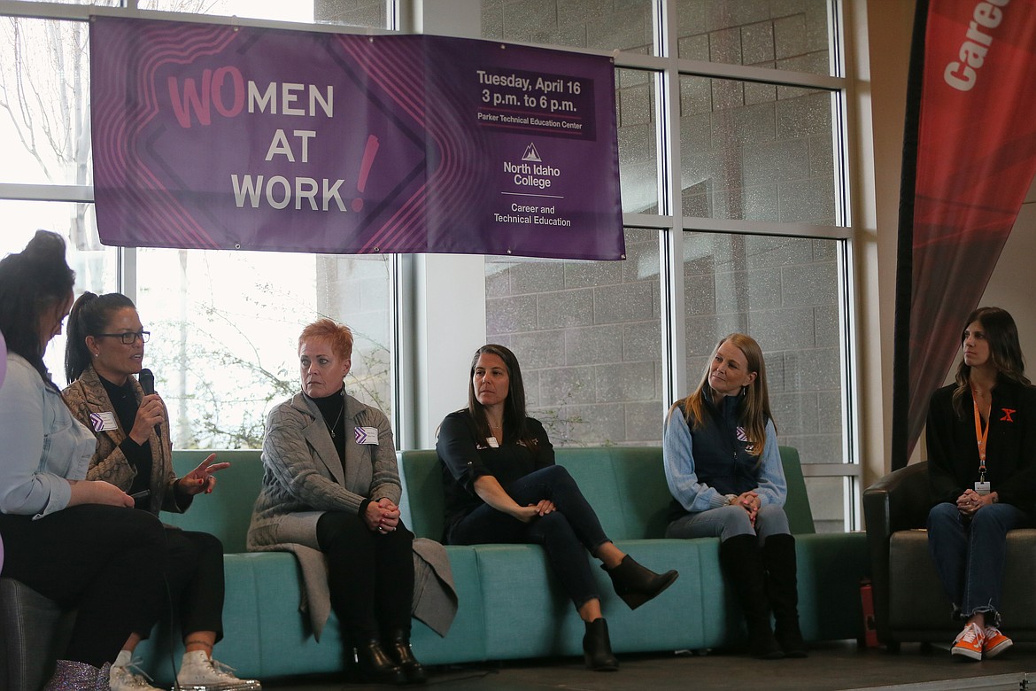 A Q&A panel is held at the Parker Technical Education Center during North Idaho College's inaugural Women at Work event Tuesday evening. From left: Tiffany Mitchell, Elaine Damschen, Kay Quinn, Nicole Prickett, Jessica Cargile and Tina Peralta.