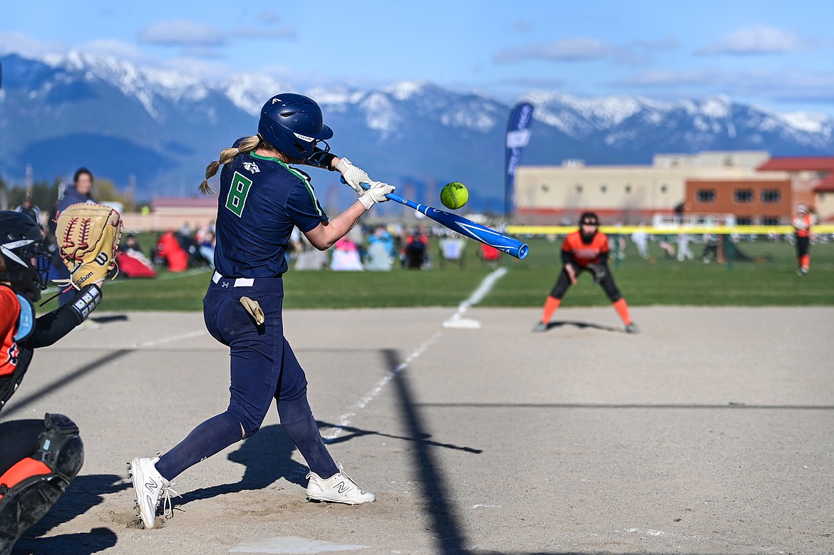 Glacier's Nakiah Persinger (8) connects on a single against Flathead at Glacier High School on Thursday, April 18. (Casey Kreider/Daily Inter Lake)