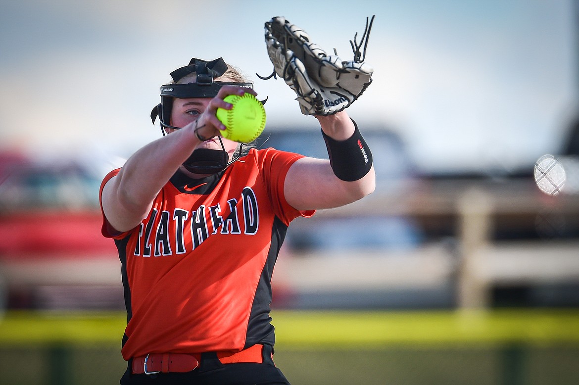 Flathead pitcher Macey McIlhargey (3) delivers in the second inning against Glacier at Glacier High School on Thursday, April 18. (Casey Kreider/Daily Inter Lake)