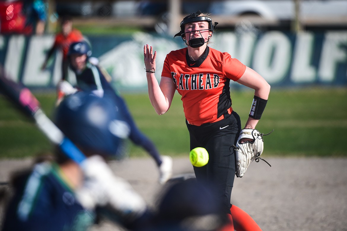 Flathead pitcher Macey McIlhargey (3) delivers in the second inning against Glacier at Glacier High School on Thursday, April 18. (Casey Kreider/Daily Inter Lake)
