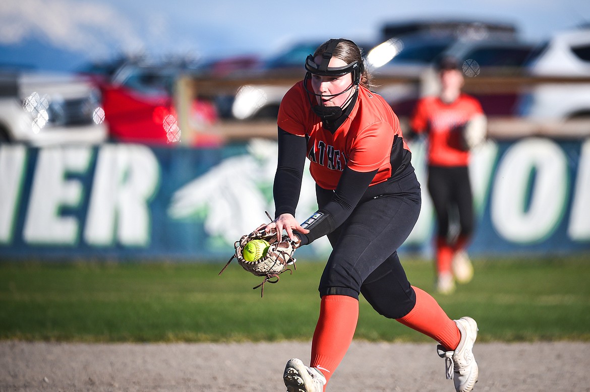 Flathead second baseman Olivia Nyman (16) makes a charging catch against Glacier at Glacier High School on Thursday, April 18. (Casey Kreider/Daily Inter Lake)