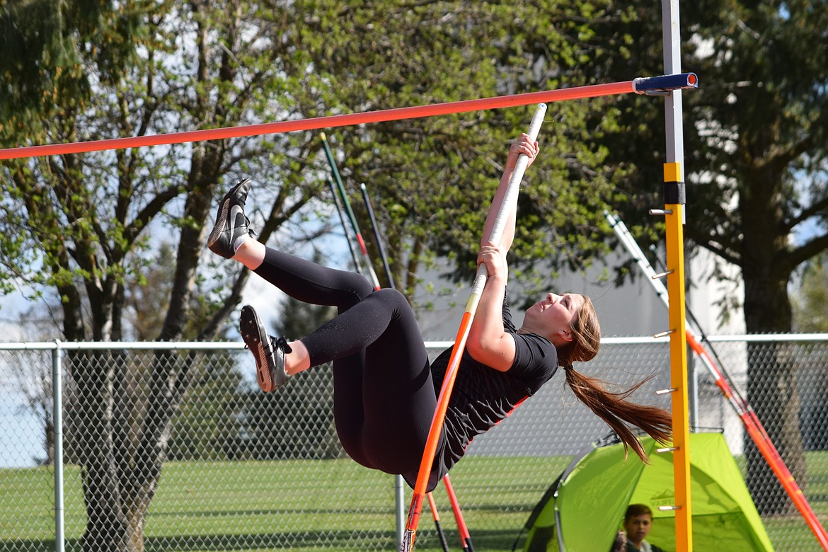 Lind-Ritzville Sophomore Zoe Galbreath pole vaults during Wednesday’s home meet at Lind-Ritzville High School, during with Galbreath took first place in Pole Vault.