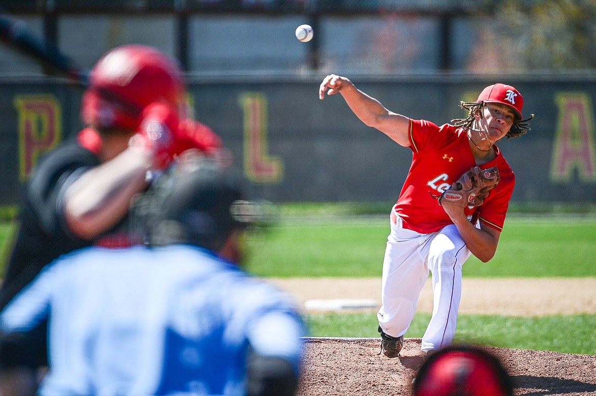 Kalispell Lakers AA starting pitcher Andre Cephers (7) delivers in the first inning against the Cranbrook Bandits at Griffin Field on Saturday, April 20. (Casey Kreider/Daily Inter Lake)