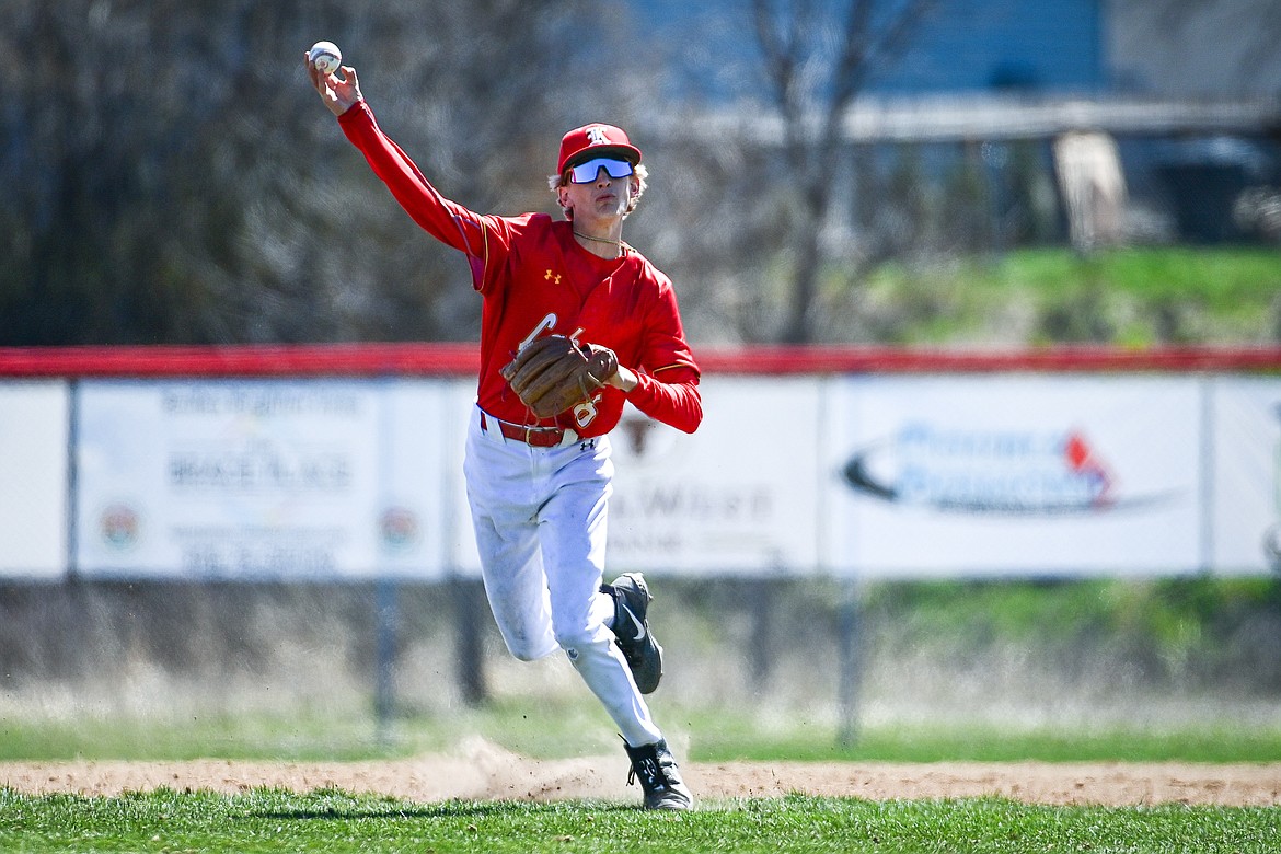 Lakers AA shortstop Kaden Drish (6) throws across the diamond for an out against the Cranbrook Bandits at Griffin Field on Saturday, April 20. (Casey Kreider/Daily Inter Lake)