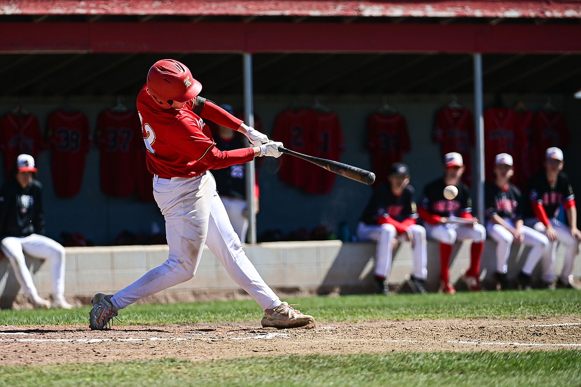 Lakers AA's Luke Nikunen (12) doubles against the Cranbrook Bandits at Griffin Field on Saturday, April 20. (Casey Kreider/Daily Inter Lake)