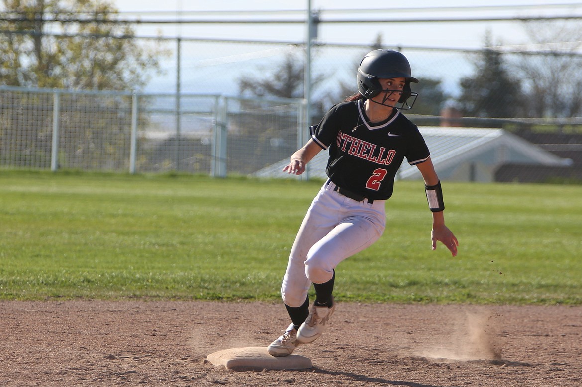 Othello senior Naraiah Guzman rounds second base in he second game of Friday’s doubleheader against Prosser.