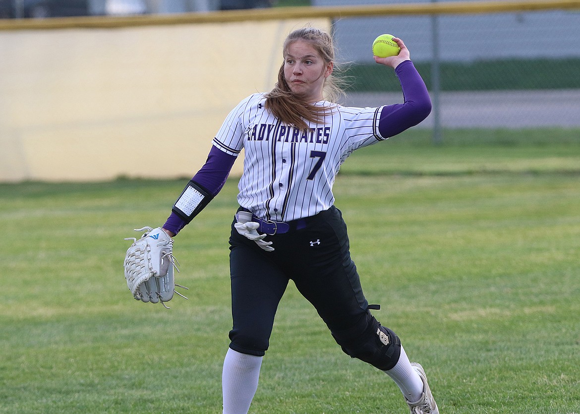 Polson's Lizzy Cunningham fires the ball in from outfield during last Monday's game against Whitefish. (Bob Gunderson photo)