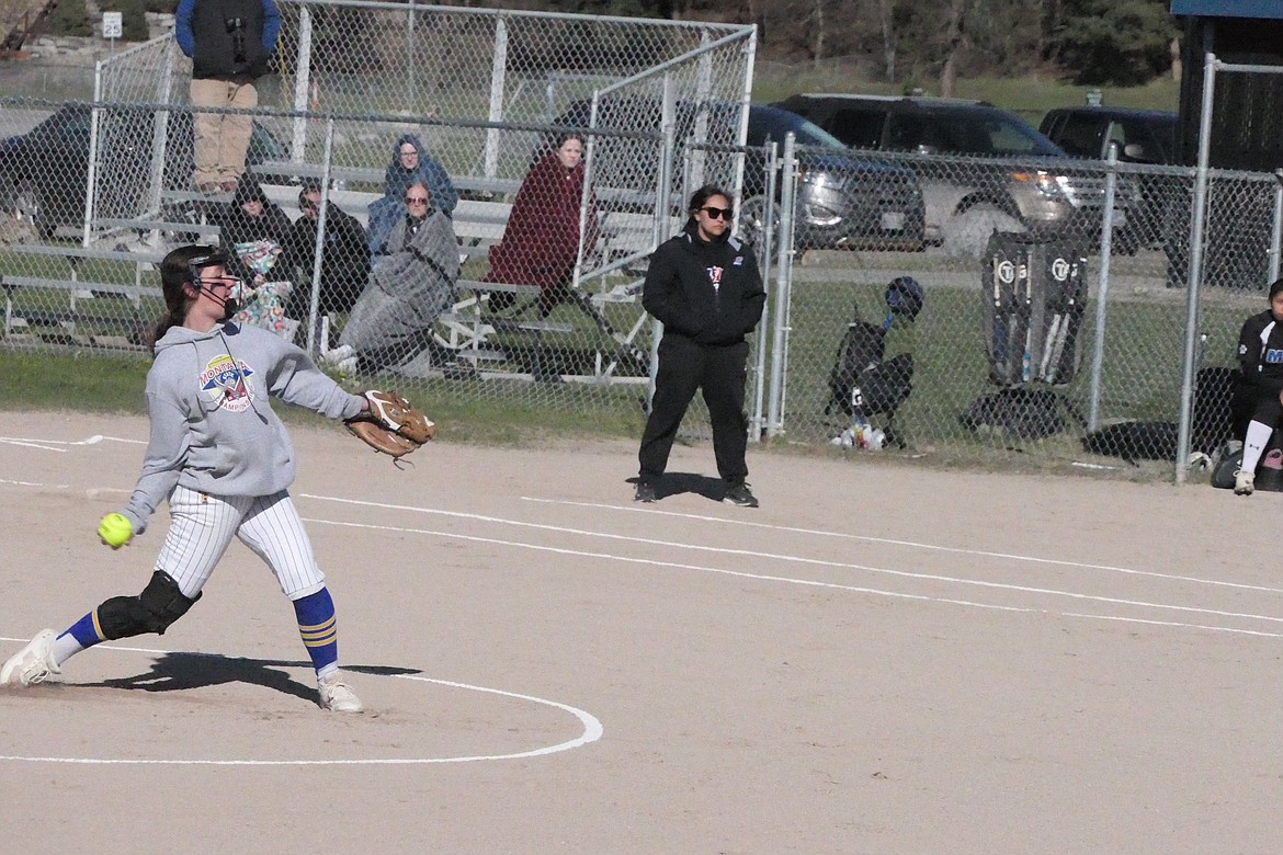 Thompson Falls pitcher Olivia Fitchett winds and fires toward home plate during the Lady Hawks game this past Saturday with Mission.  (Chuck Bandel/VP-MI)