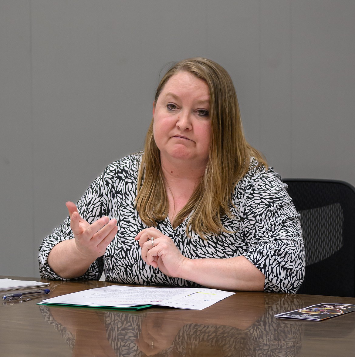 Plains School District business manager Kelly Pfister talks about the district's budget. (Tracy Scott/Valley Press)