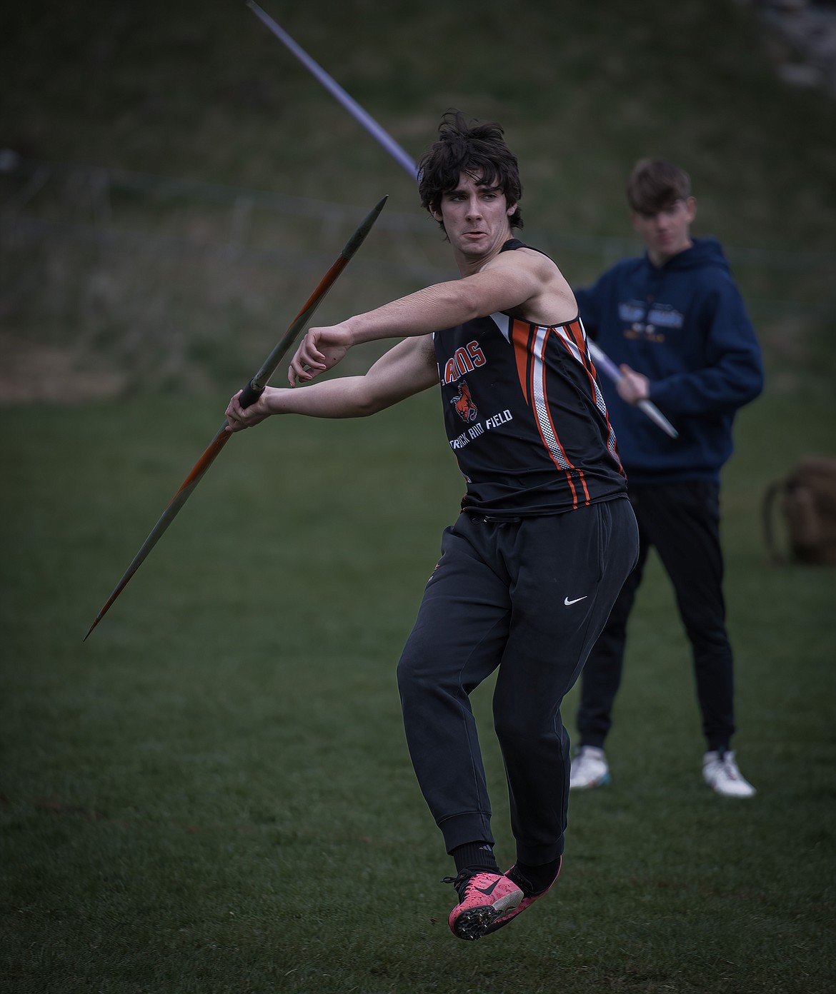 Plains senior Greg Tatum readies to release the javelin during this past week's Thompson Falls Invitational track and field meet.  (Photo by Tracy Scott)