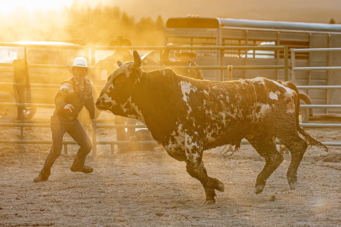 Korbin Baldwin redirects a bull to keep it away from its fallen rider during practices on Friday, April 12. (Avery Howe photo)