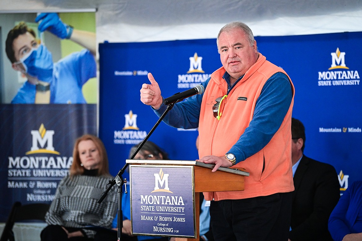 Mark Jones speaks during a groundbreaking ceremony for the Montana State University Mark and Robyn Jones College of Nursing building at Logan Health on Tuesday, April 23. (Casey Kreider/Daily Inter Lake)