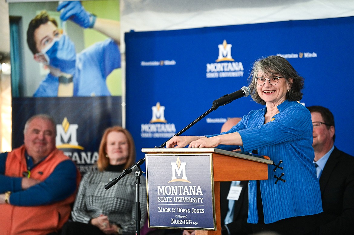 Montana State University President Waded Cruzado speaks during a groundbreaking ceremony for the college's Mark and Robyn Jones College of Nursing building at Logan Health on Tuesday, April 23. (Casey Kreider/Daily Inter Lake)