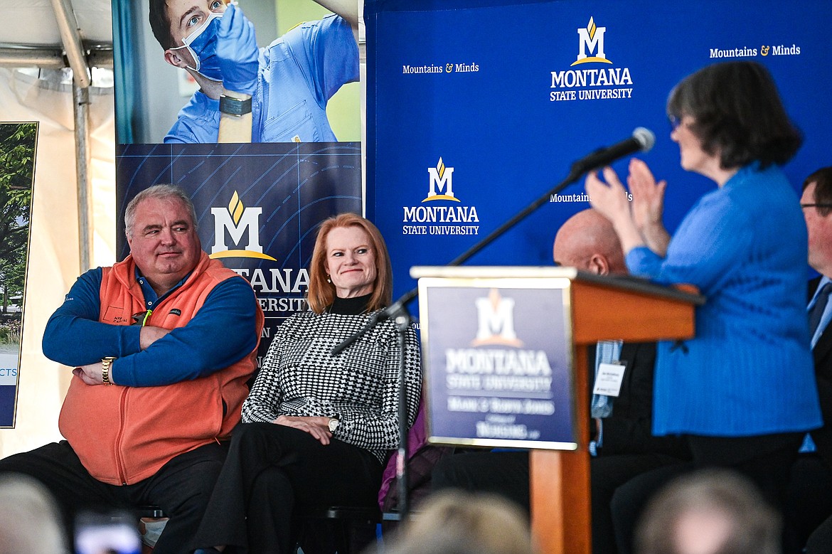 Montana State University President Waded Cruzado turns to address Mark and Robyn Jones during a groundbreaking ceremony for the Mark and Robyn Jones College of Nursing building at Logan Health on Tuesday, April 23. (Casey Kreider/Daily Inter Lake)