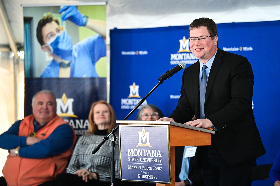 Kevin Able, co-chief executive officer at Logan Health-Billings Clinic, speaks during a groundbreaking ceremony for Montana State University's Mark and Robyn Jones College of Nursing building at Logan Health on Tuesday, April 23. (Casey Kreider/Daily Inter Lake)