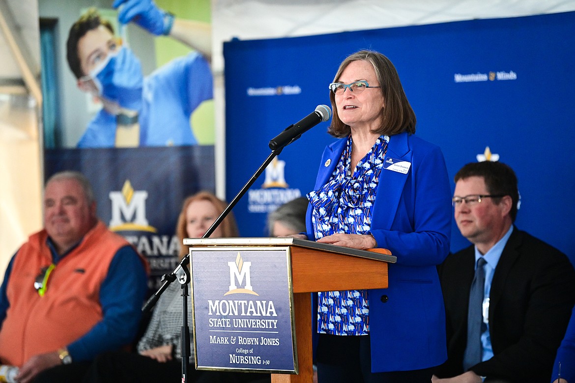 Sarah Shannon, dean of the Montana State University College of Nursing, speaks during a groundbreaking ceremony for the college's Mark and Robyn Jones College of Nursing building at Logan Health on Tuesday, April 23. (Casey Kreider/Daily Inter Lake)