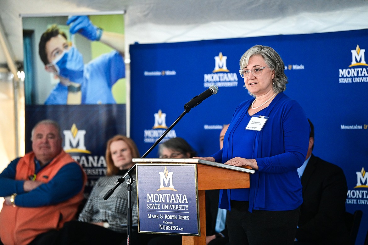 Kaki Mendius, Kalispell Nursing Campus Director for Montana State's Mark and Robyn Jones College of Nursing, speaks during a groundbreaking ceremony for the college's new building at Logan Health on Tuesday, April 23. (Casey Kreider/Daily Inter Lake)