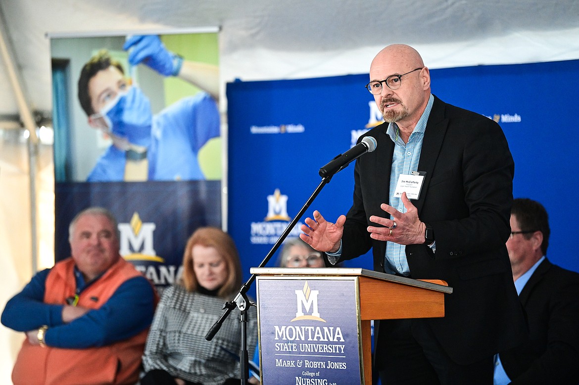 Joe McClafferty, president of the Logan Health Foundation, speaks during a groundbreaking ceremony for Montana State University's Mark and Robyn Jones College of Nursing building at Logan Health on Tuesday, April 23. (Casey Kreider/Daily Inter Lake)