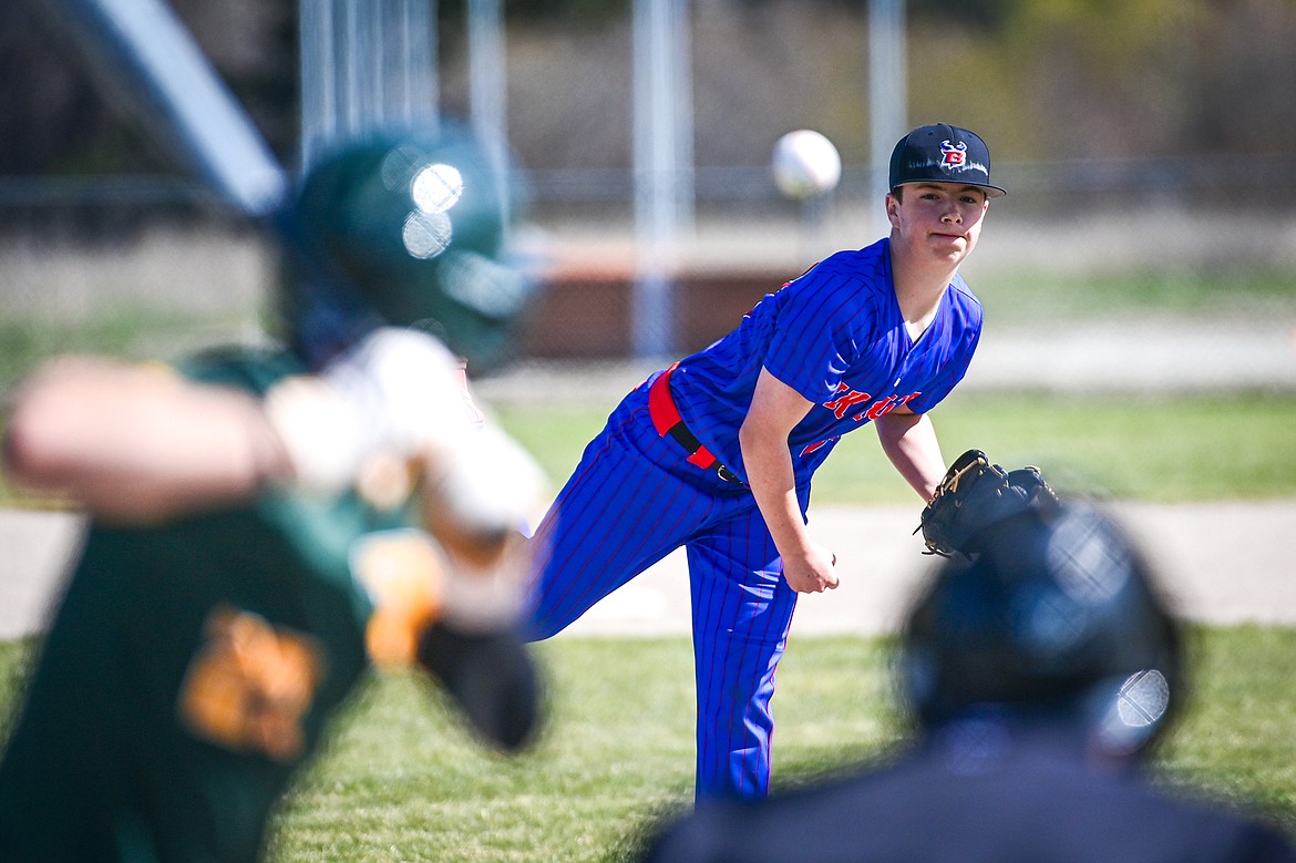 Bigfork pitcher Mason Lewis (22) delivers in the first inning against Whitefish at ABS Park in Evergreen on Tuesday, April 23. (Casey Kreider/Daily Inter Lake)