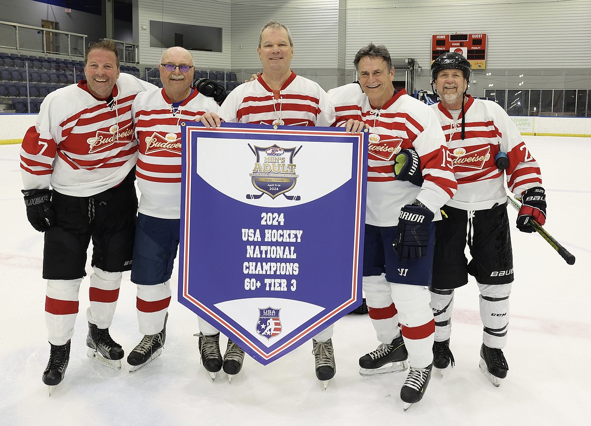 An adult hockey team from North Idaho recently won the 60-plus Tier 3 USA Hockey Adult National Championship held Apr. 11-14 in Tampa, Fla. The North Idaho hockey team won four straight games, defeating teams from all across the country in order to take home the championship trophy: Florabama Jets (7-5), Space Coast 60’s (8-1), Vermont (7-2), and the Lancaster (Pa.) Wizards (7-3). Pictured, from left, are Lindsey Gorrill, Gary Schickedanz, Robert Pierce, Jim Johnson, and Dave Theirl, who are all from North Idaho with the exception of one Sun Valley player. Team members said it was a decisive and dominant victory and that it is believed to be the first hockey national championship of its kind to be bestowed upon Sandpoint.