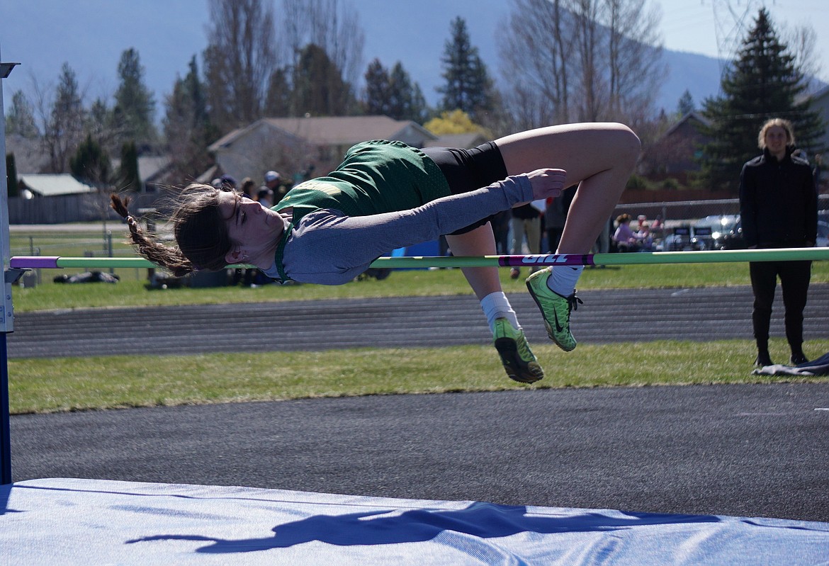 Whitefish senior Nayvee Miller competes in the high jump at Columbia Falls on Saturday. (Matt Weller photo)