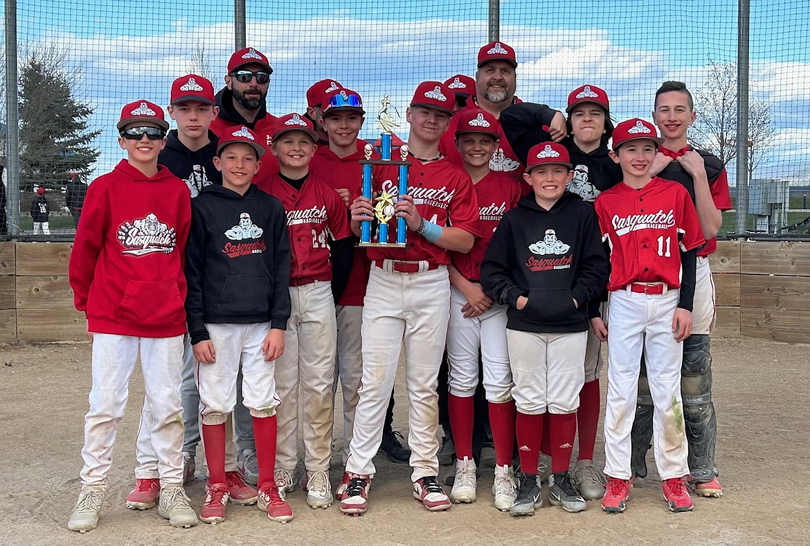 The Sandpoint Sasquatch 12U travel baseball team won the Spring Dinger Invitational held April 19-21 in Rathdrum. The Sasquatch defeated six straight opponents in order to bring home the championship trophy: North Idaho Sharks 12U (15-4), Palouse Cougars 12U (10-2), ECBA Lightning 12U (14-1), IE Astros 12U (13-3), Palouse Cougars 12U (7-6), and Bombers Baseball 12U (5-2). Cash Cruteau led the Sasquatch at the plate with 12 hits over the span of the tournament, notching seven singles, four doubles, a home run, and six RBIs. He also struck out six batters over six innings on the mound in the team's final game. The Sasquatch now hold a record of 13-0 on the season. Players, from left, Kaleb Bogadi, Tommy Holman, Cruz Oliver, Brady Yarbrough, Henry Madden, Cash Cruteau, Jake Peak, Owen Barnes, McKale Peters, Eli Franz, and Trevor Tadic. Coaches are Dan Tadic, Matt Peak, Robert Bogadi, and Zach Yarbrough.