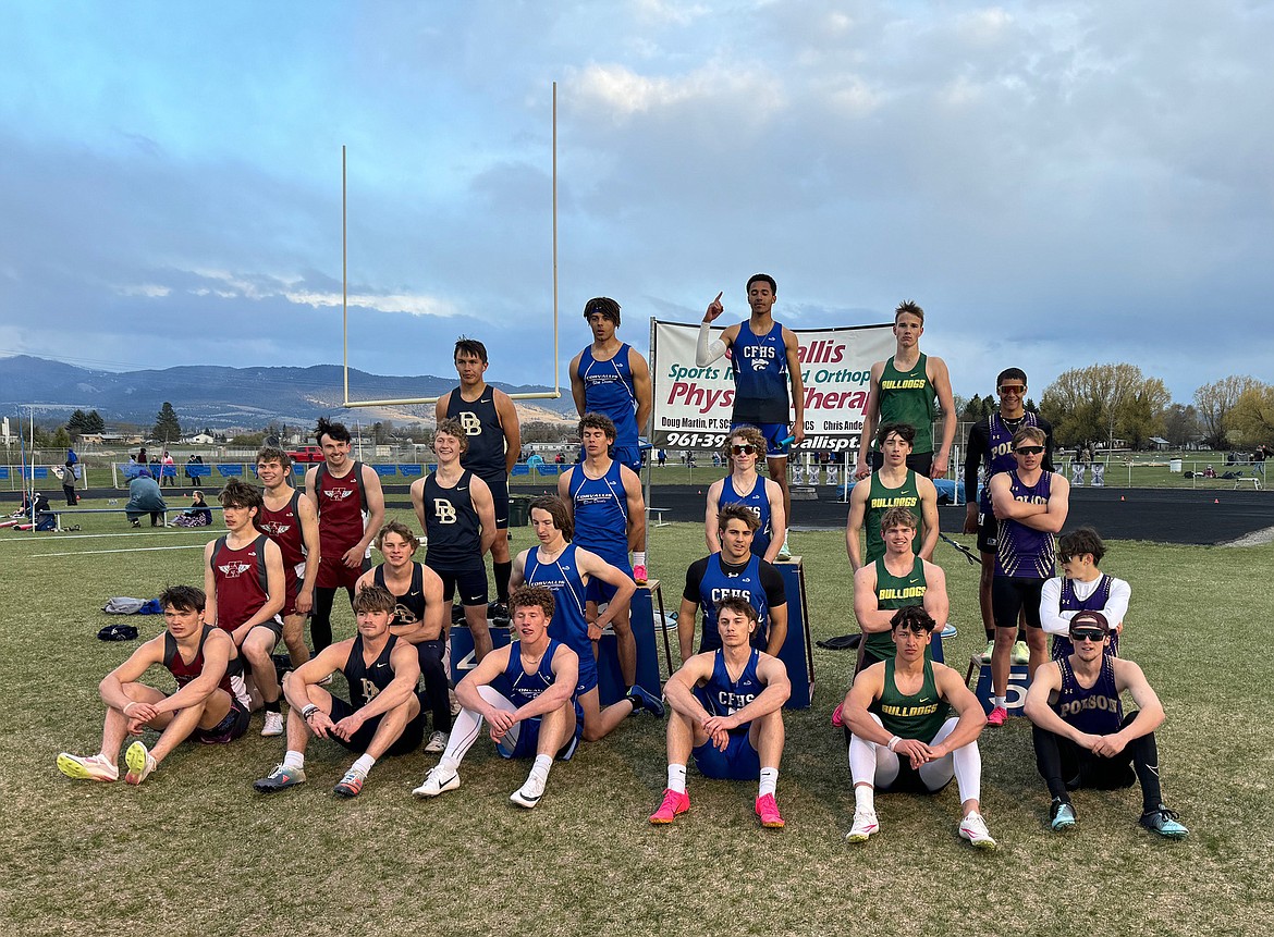The podium for the boys 4 x 100 featuring Bulldogs Carson Krack, Riley Zetooney, Scotty Dalen and Ryder Barinowski at the Corvallis Twilight track meet last week. (Photo provided)