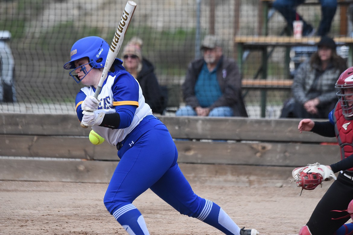 Libby softball player Jaycee Wilson fouls off a pitch on April 18 against Columbia Falls. (Scott Shindledecker/The Western News)