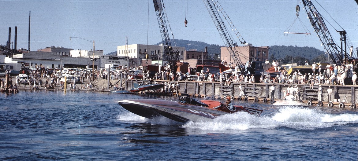 During the 1963 Diamond Cup, driver Bernie Little leaves the pit area in his unlimited hydroplane, “Tempo.”